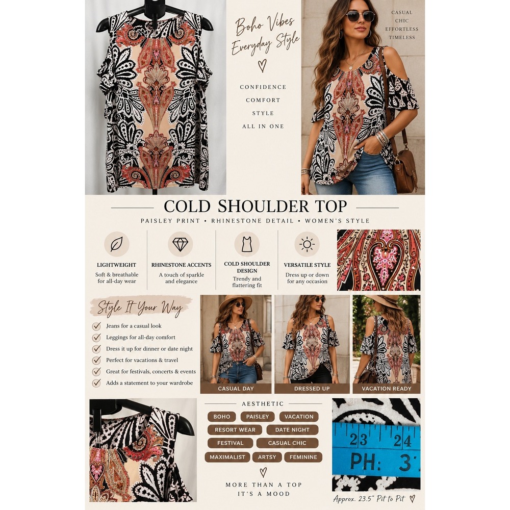 Paisley Print Cold Shoulder Top Black White Coral Rhinestone Embellished Blouse